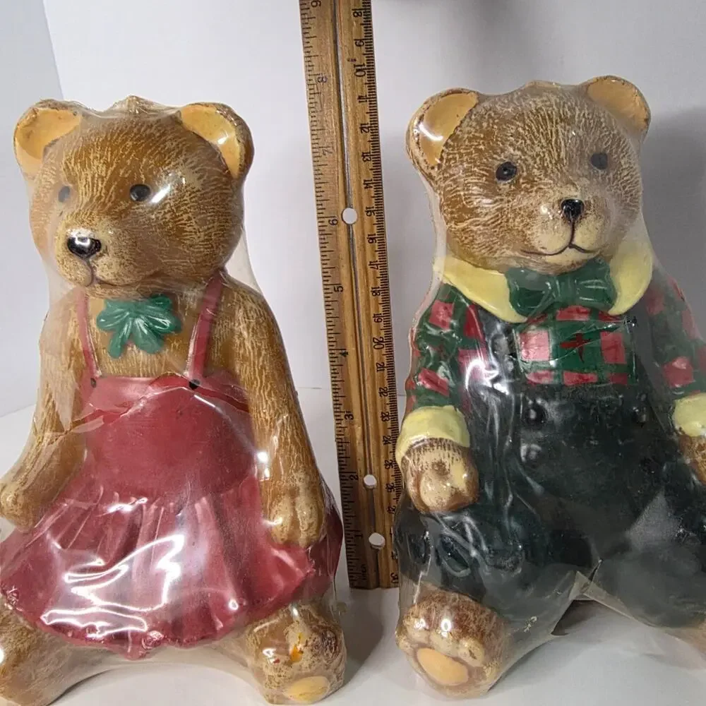 Teddy Bear Couple Figural Candles Set Plaid Pink Dress Cottagecore Decor